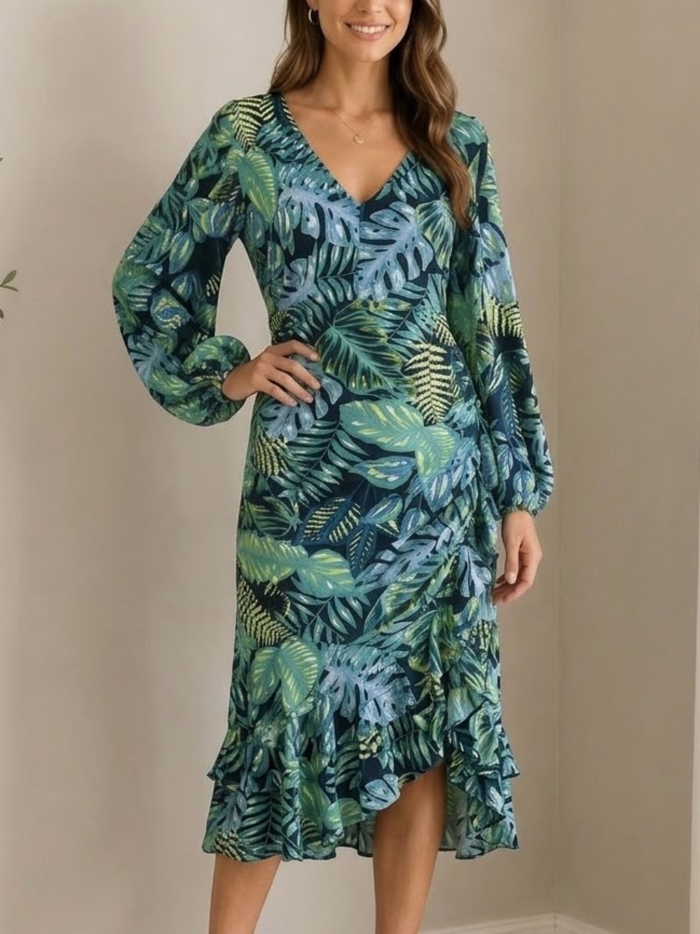 NEW Size L Dress Day Black Green Palm Leaf Floral V-neck Puff Long Sleeve Dress